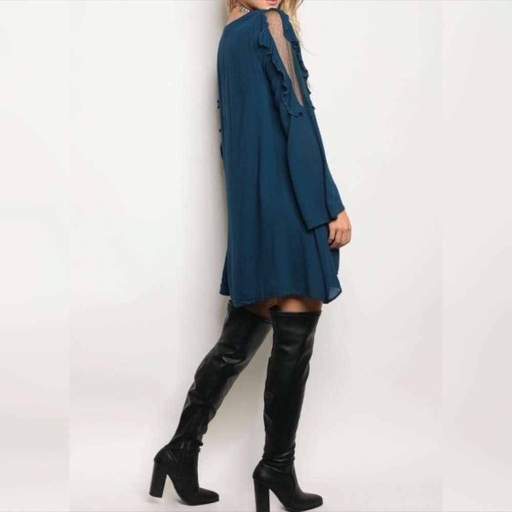 Teal Dress With Ruffles and Mesh Design Detail - Picture 4 of 8